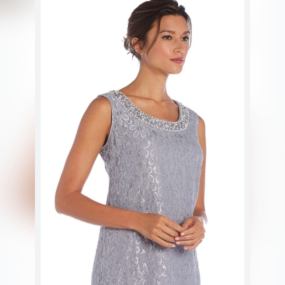 R&M Richards Size 10 Shift Dress Silver Lace  PERFECT FOR EASTER. Like New